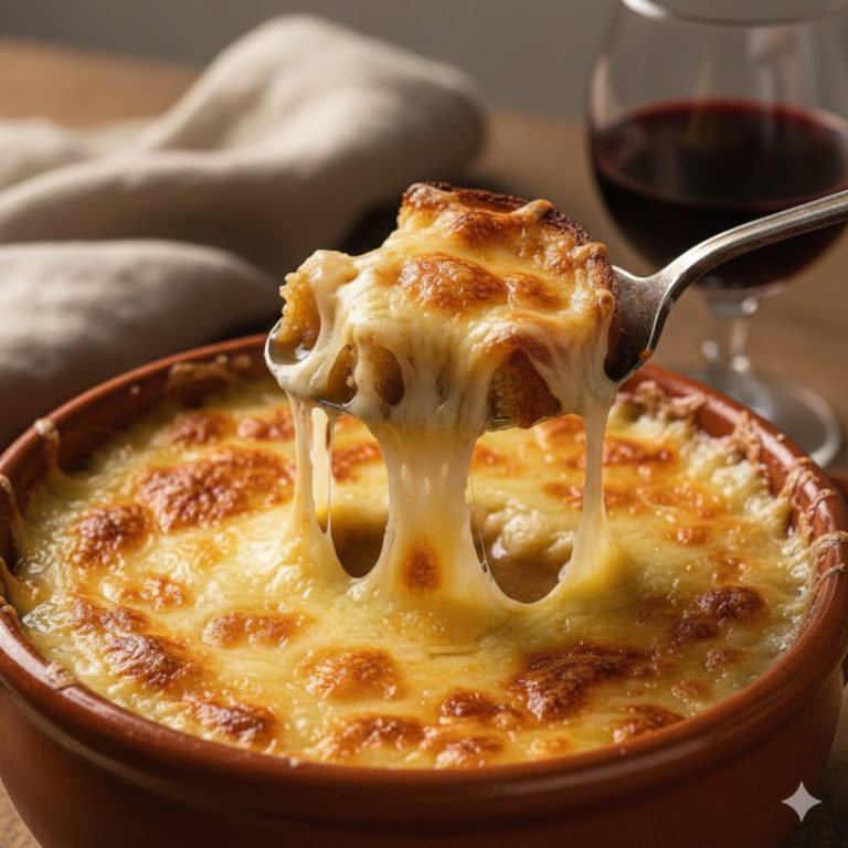 Soupe à l'oignon gratinée au Beaufort dorée au four dans un bol traditionnel