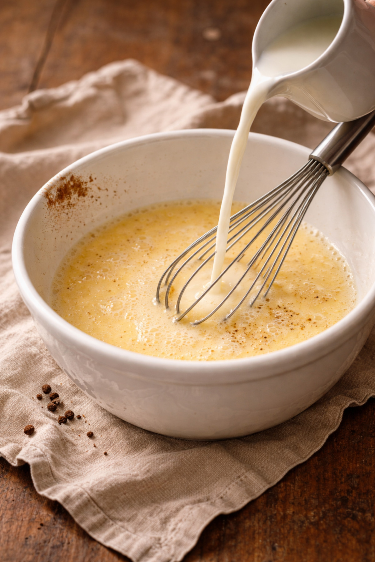 Appareil pain perdu salé maison dans un bol en céramique blanche : mélange