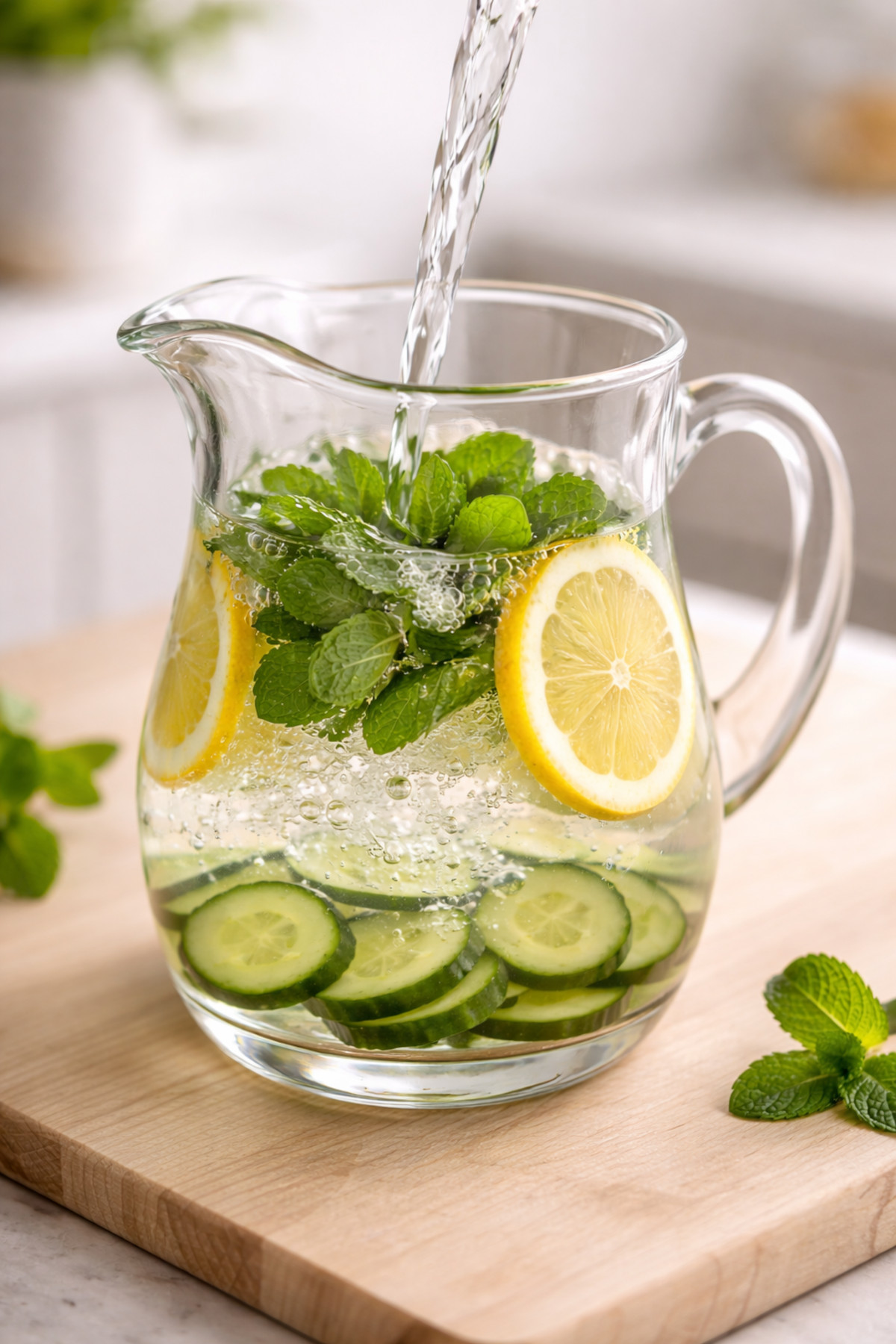 Assemblage de l'eau détox : rondelles de concombre et citron dans une carafe en verre
