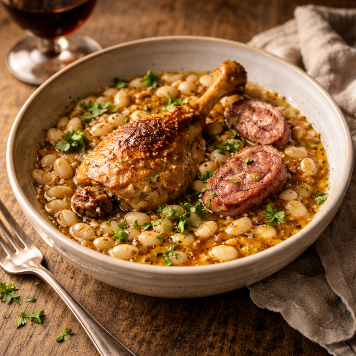 Assiette de cassoulet maison dressée avec une cuisse de confit de canard dorée, des tronçons de saucisse de Toulouse et des haricots lustrés