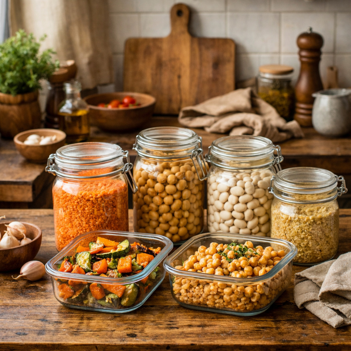 Batch cooking hivernal végétarien sur table rustique