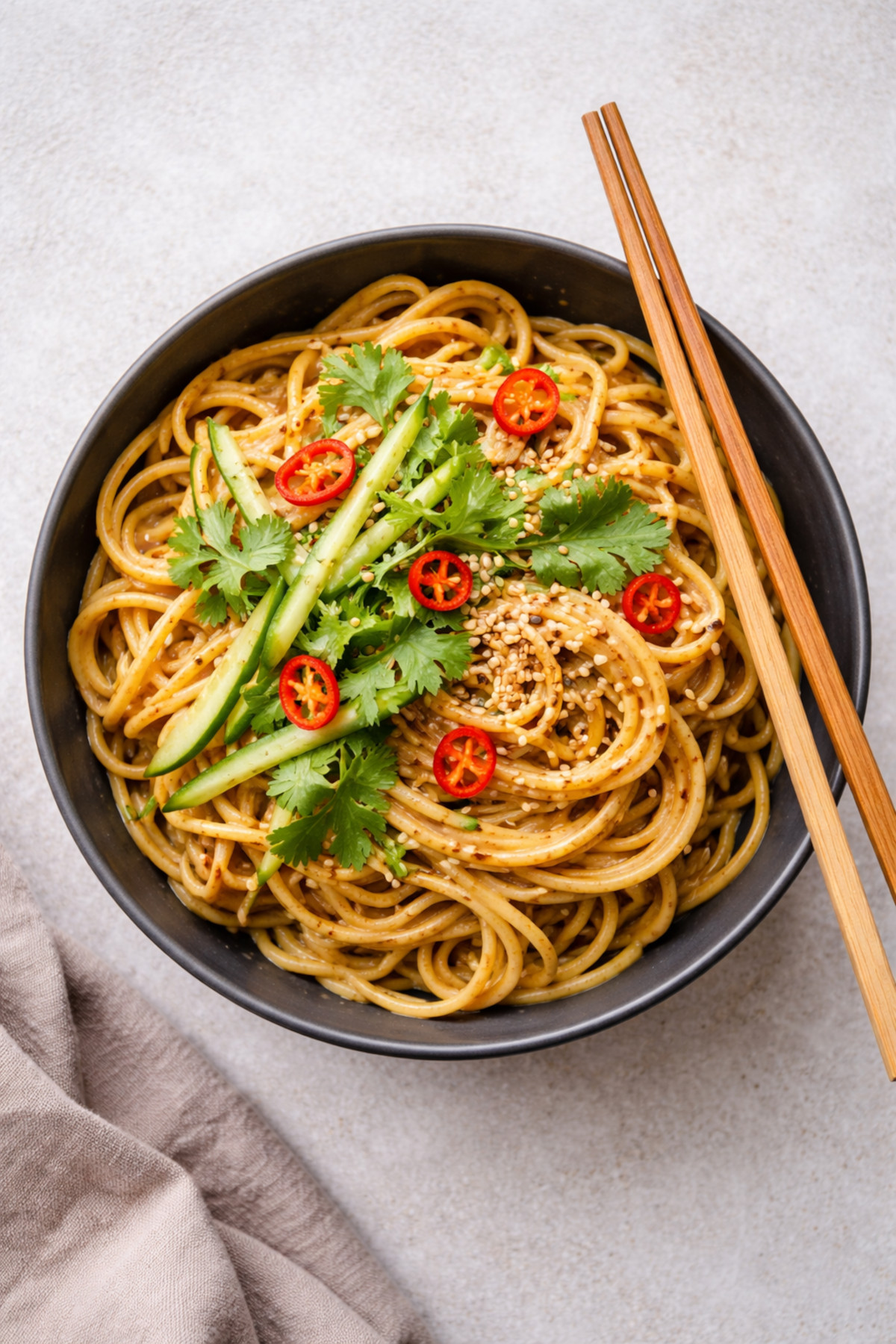 Bol de spaghettis froids sauce asiatique soja sésame beurre de cacahuète avec concombre julienne piment et graines de sésame
