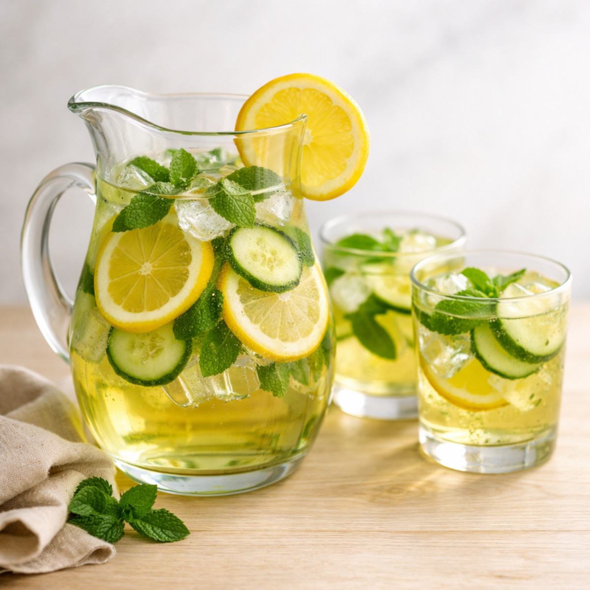 Carafe d'eau détox concombre citron menthe maison sur fond naturel