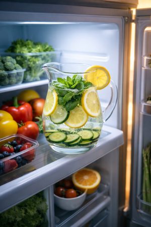 Carafe d'eau détox en cours d'infusion au réfrigérateur pendant une nuit