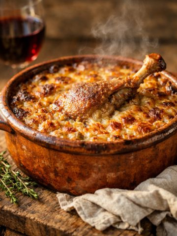Cassoulet maison façon Castelnaudary avec croûte dorée, confit de canard et saucisse de Toulouse dans une cassole en terre cuite