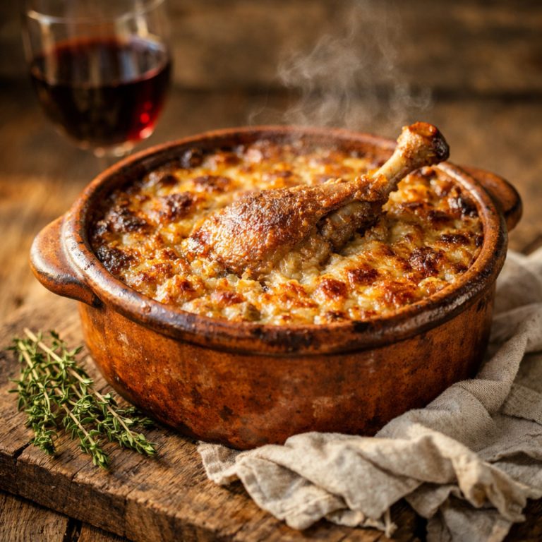 Cassoulet maison façon Castelnaudary avec croûte dorée, confit de canard et saucisse de Toulouse dans une cassole en terre cuite