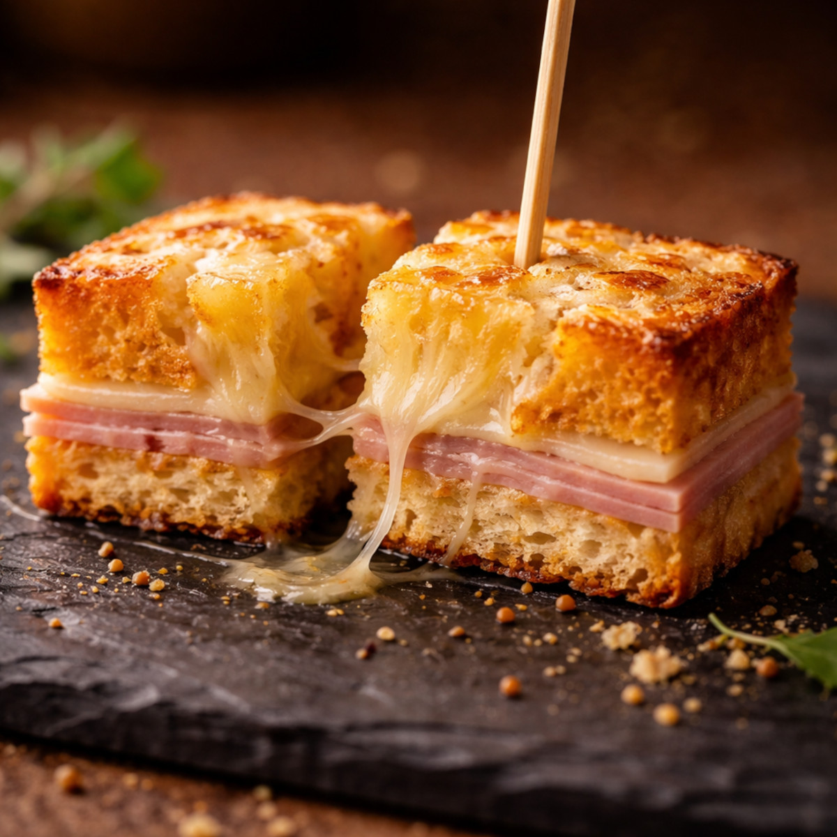 Coupe transversale d'un mini croque-monsieur perdu révélant les couches : croûte