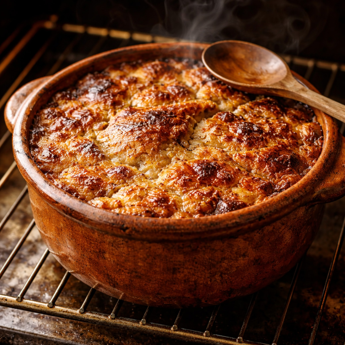 Croûte dorée et craquelée du cassoulet maison en cours de cuisson au four à 160°C, signe que le plat est prêt