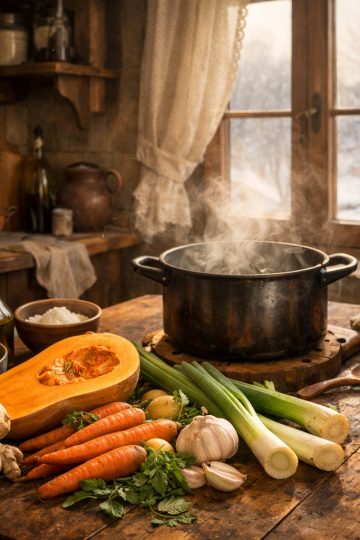 Cuisine hivernale avec légumes de saison sur table rustique
