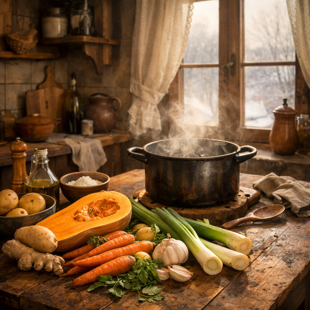 Cuisine hivernale avec légumes de saison sur table rustique
