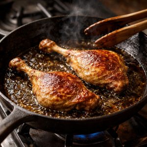 Cuisses de confit de canard en train de dorer dans une poêle en fonte pour le cassoulet maison, étape clé pour une belle réaction de Maillard