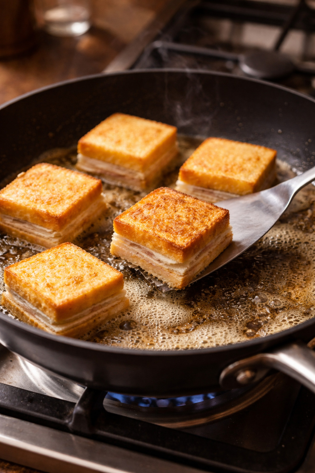 Cuisson à la poêle anti-adhésive de minis croques-monsieur perdus dans le beurre