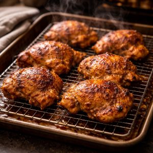 Cuisson shawarma poulet au four sur grille — hauts de cuisse dorés et caramélisés aux bords, effet broche sans broche, vapeur légère à la sortie du four