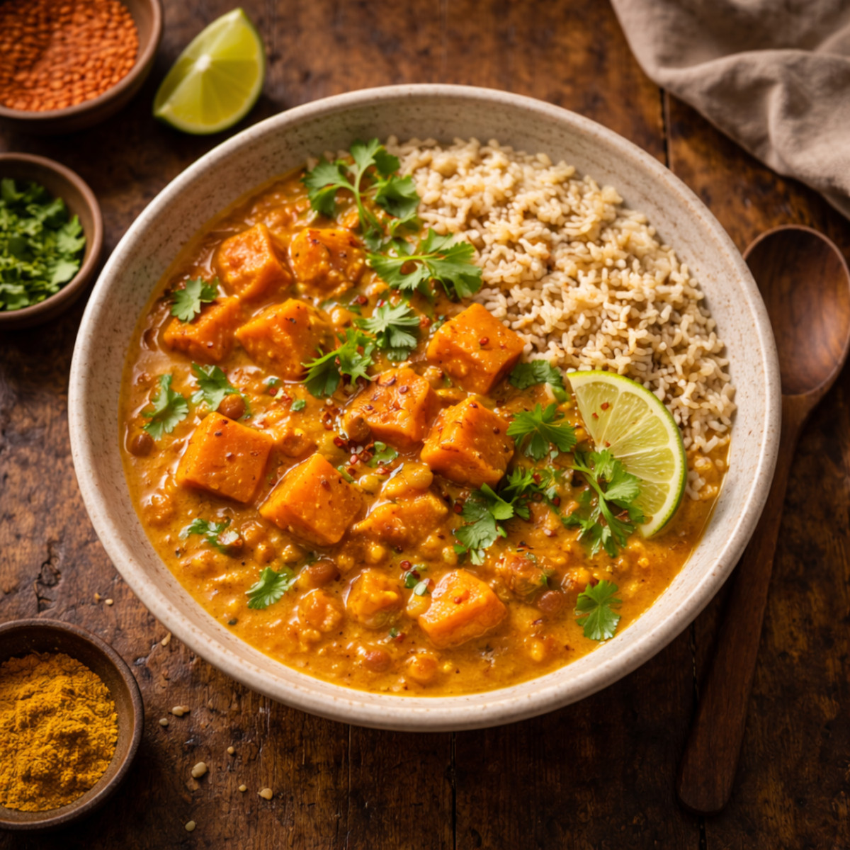Curry de patate douce et lentilles corail avec riz complet