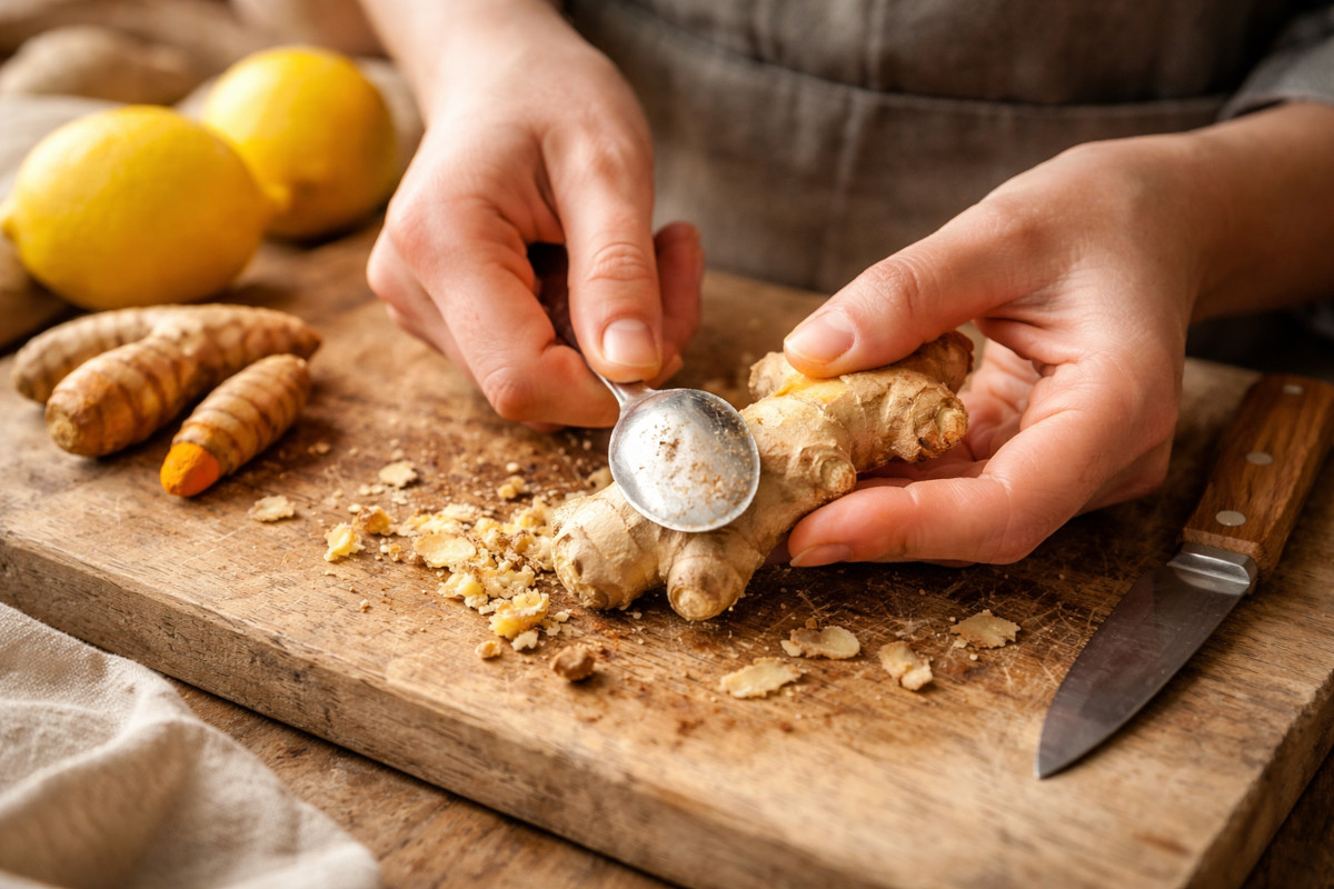 Épluchage du gingembre frais avec le dos d'une cuillère sur planche en bois, astuce de chef
