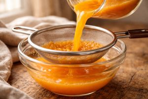 Filtration du shot gingembre curcuma à travers une passoire fine, liquide orange doré en mouvement