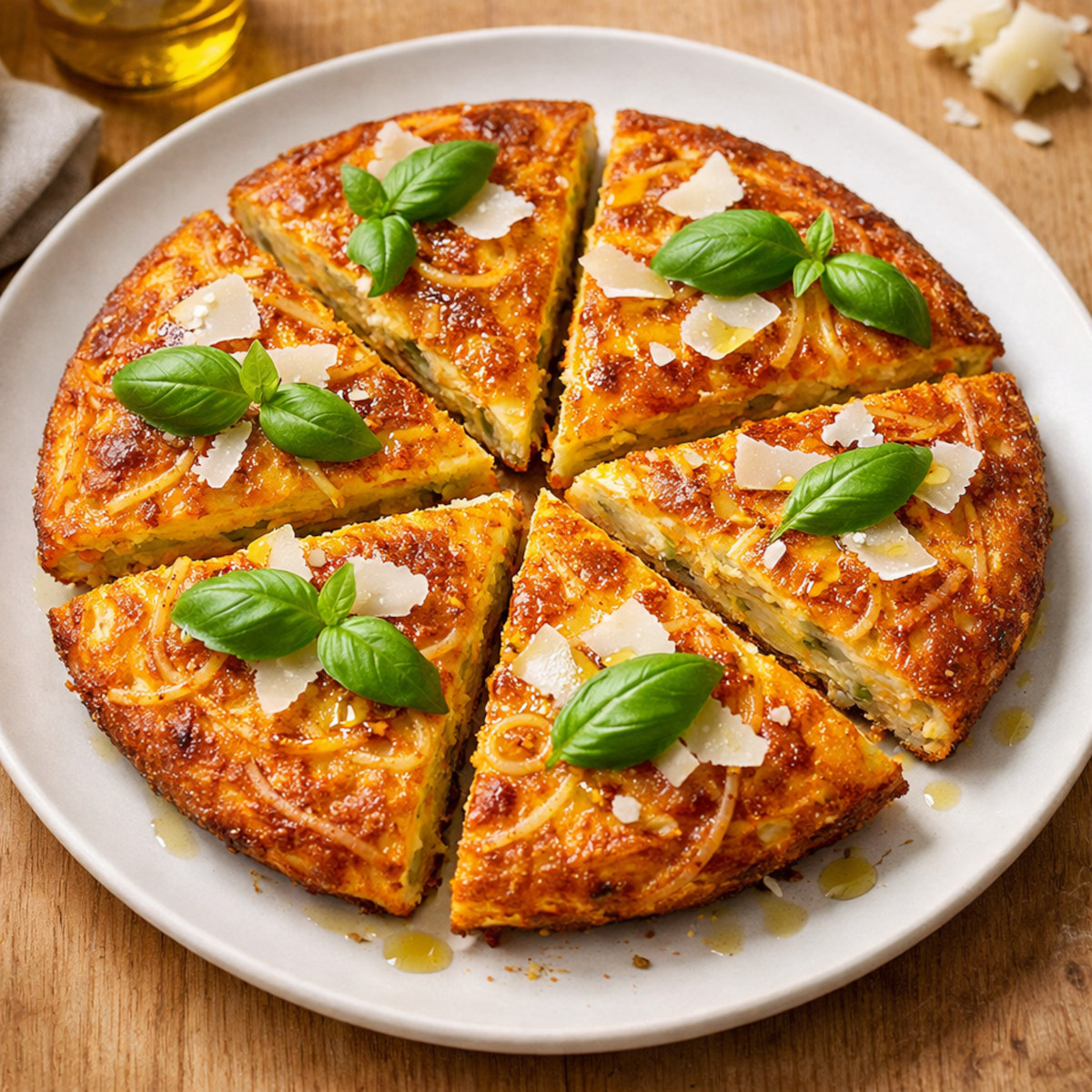 Frittata di spaghetti italienne dorée coupée en parts avec basilic frais et parmesan sur assiette blanche