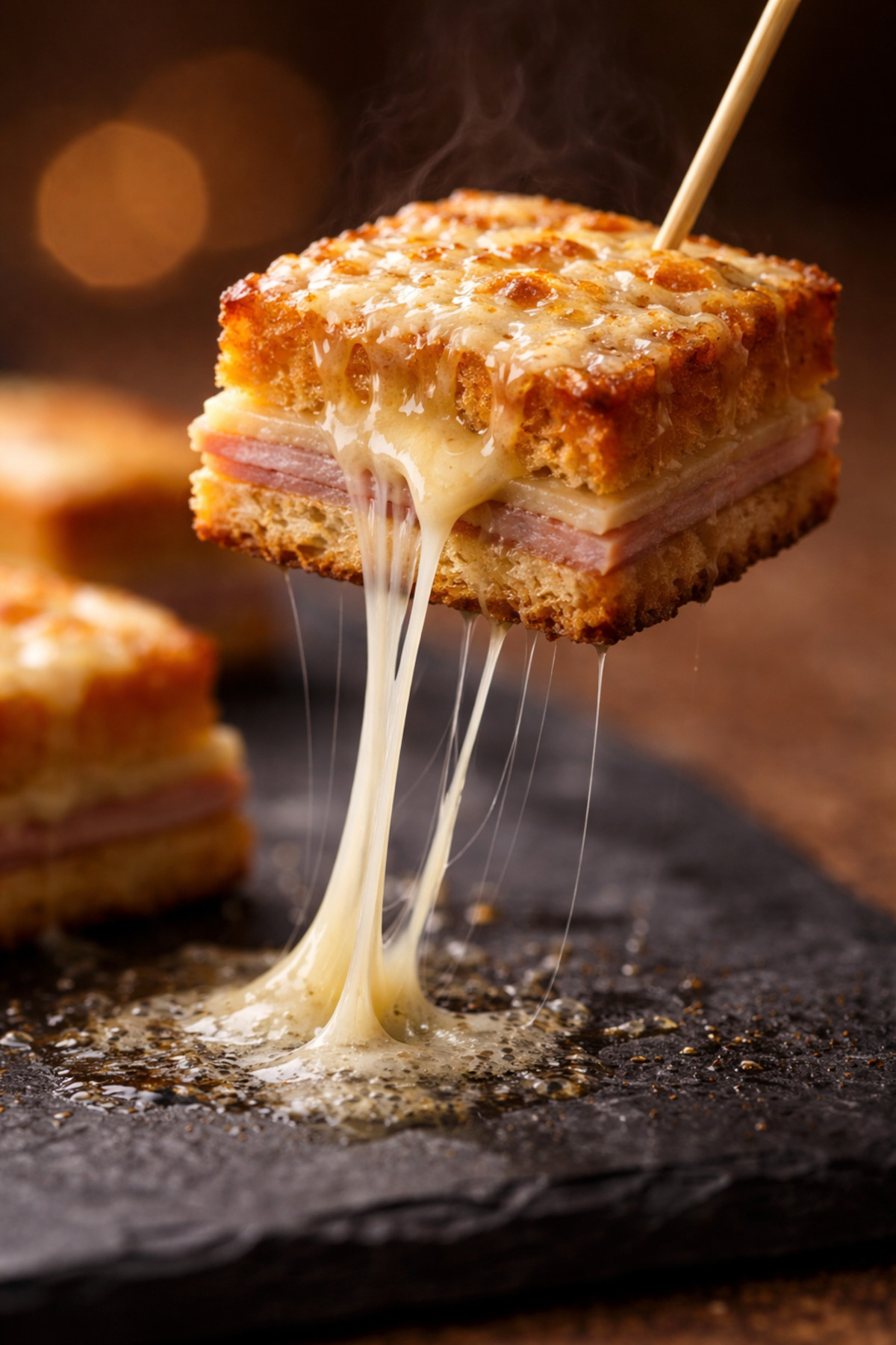 Fromage emmental fondu filant sur mini croque-monsieur perdu soulevé par un pic