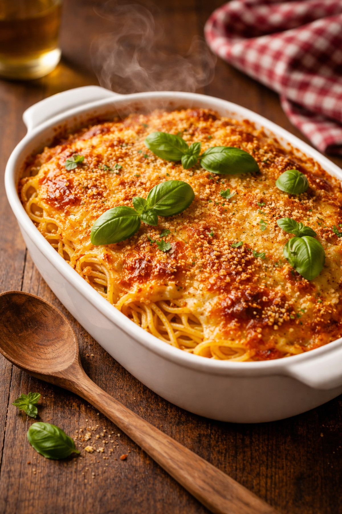 Gratin de spaghettis express fumant dans un plat en céramique blanche avec croûte dorée fromage fondu et basilic frais