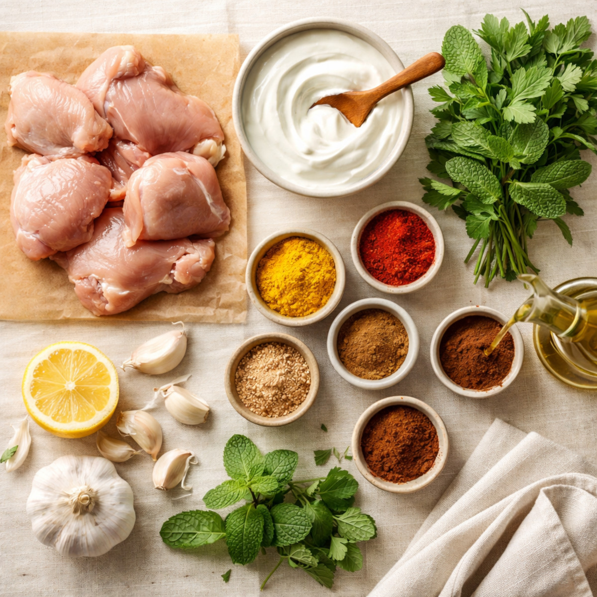 Ingrédients de la marinade poulet shawarma disposés en flat lay — yaourt grec, épices orientales colorées, ail, citron, huile d'olive et herbes fraîches
