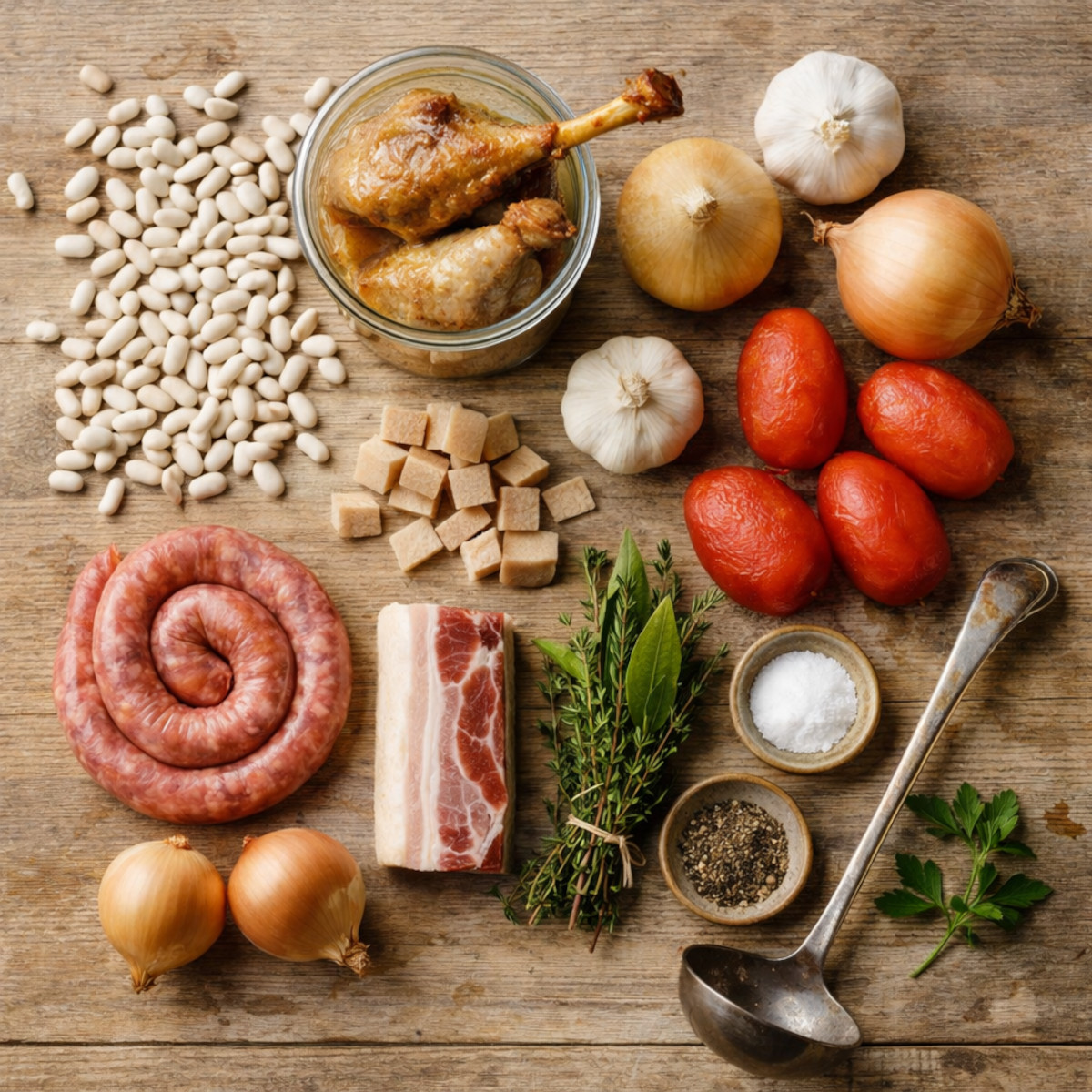 Ingrédients du cassoulet maison : haricots lingots du Lauragais, confit de canard, saucisse de Toulouse, poitrine de porc et aromates