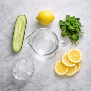 Ingrédients eau détox maison : concombre bio, citron, menthe fraîche et eau