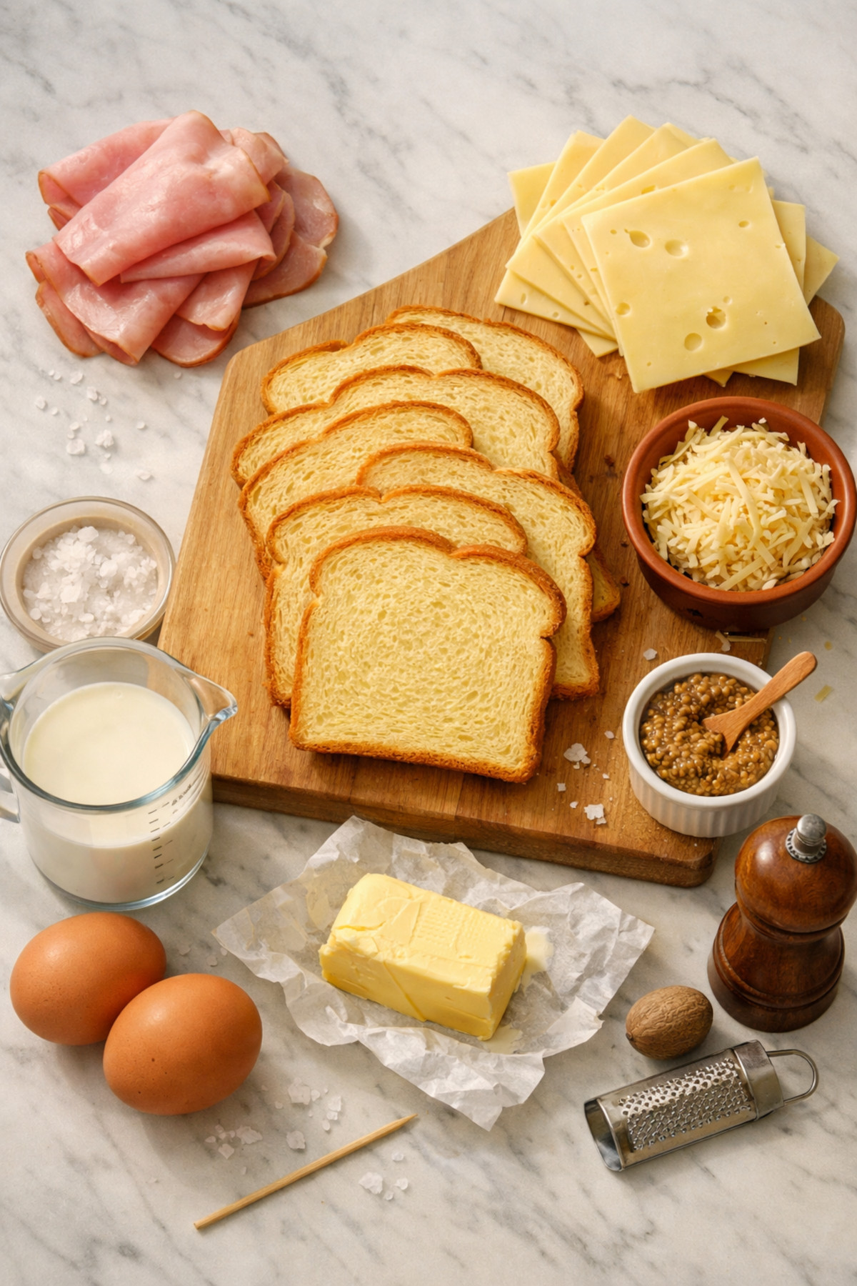 Ingrédients minis croques-monsieur perdus façon tapas posés sur marbre blanc :