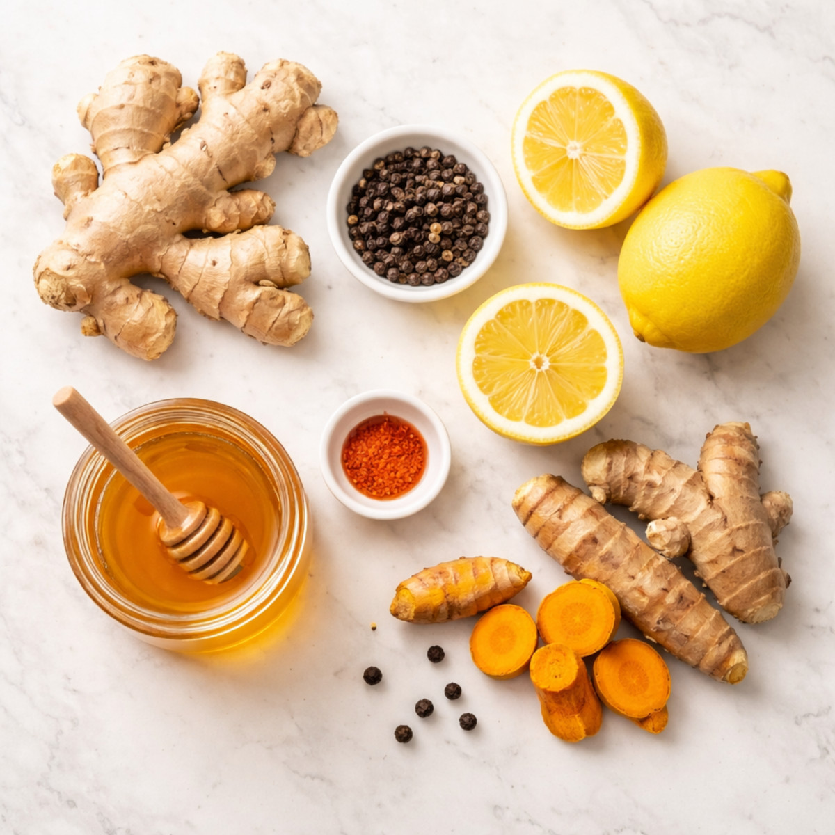 Ingrédients recette shot immunité gingembre citron curcuma poivre miel à plat sur marbre blanc