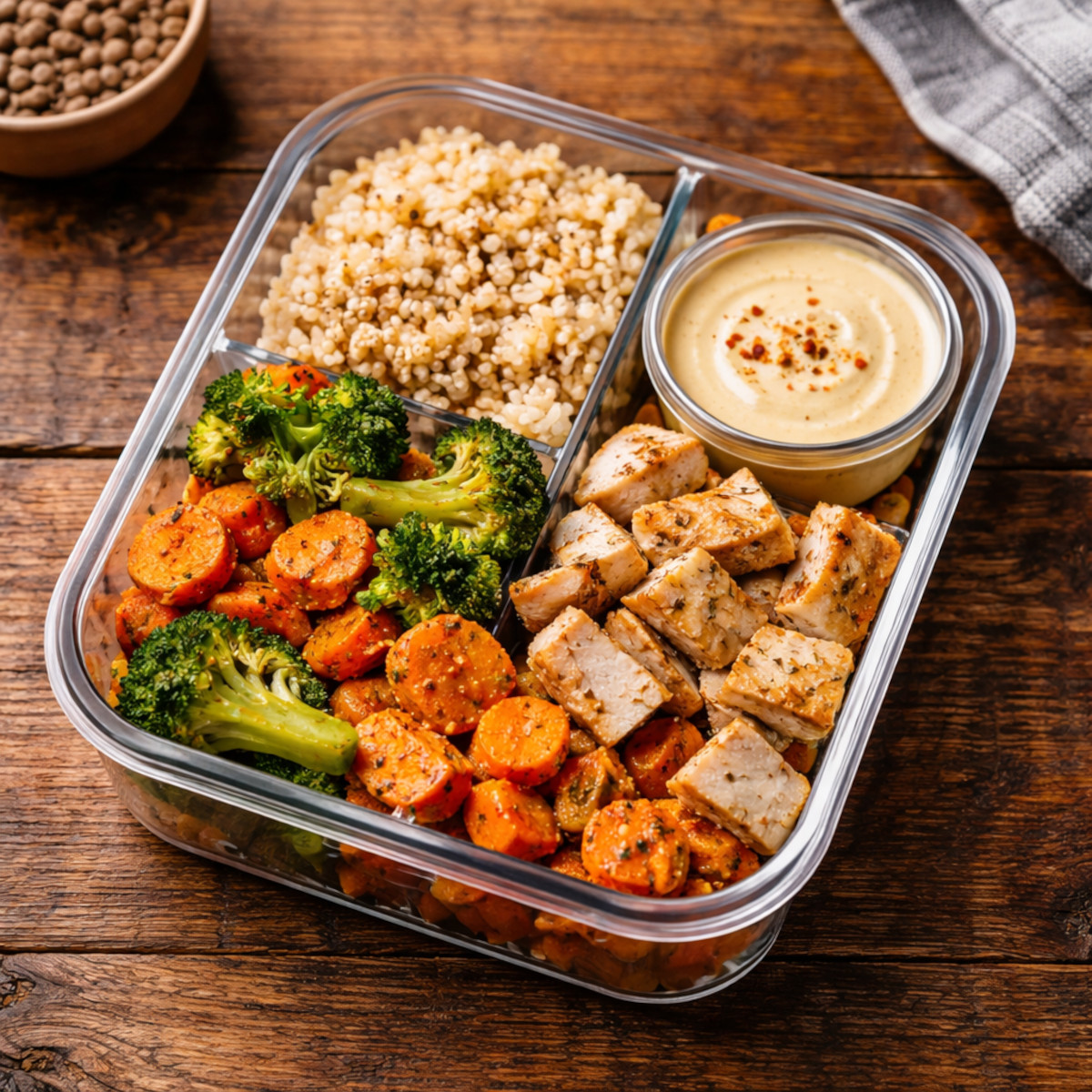Lunchbox complète d’hiver avec riz, légumes rôtis et poulet grillé