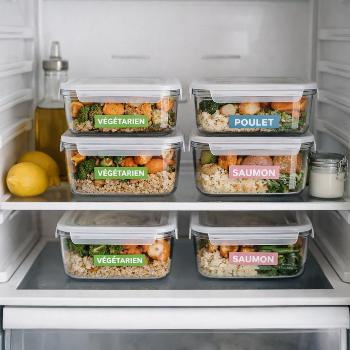 Lunchbox empilées et étiquetées dans un frigo propre et organisé