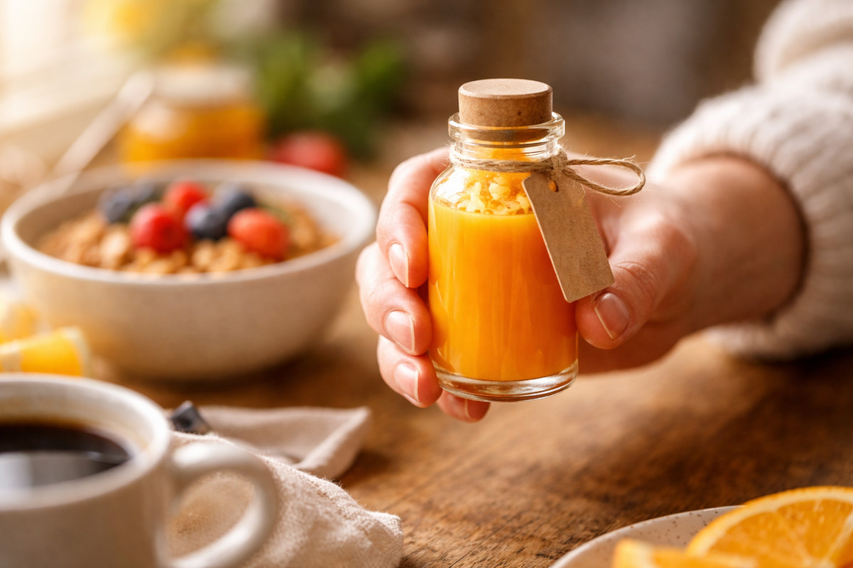 Main tenant un shot immunité gingembre citron à jeun lors d'un rituel matinal sain et cosy