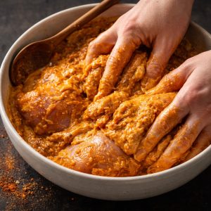 Mains qui massent les hauts de cuisse de poulet dans la marinade au yaourt grec et épices orientales — cumin, paprika fumé, curcuma — dans un bol en céramique
