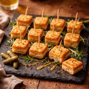 Minis croques-monsieur perdus façon tapas dressés sur ardoise noire avec roquette