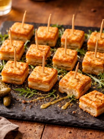 Minis croques-monsieur perdus façon tapas dressés sur ardoise noire avec roquette