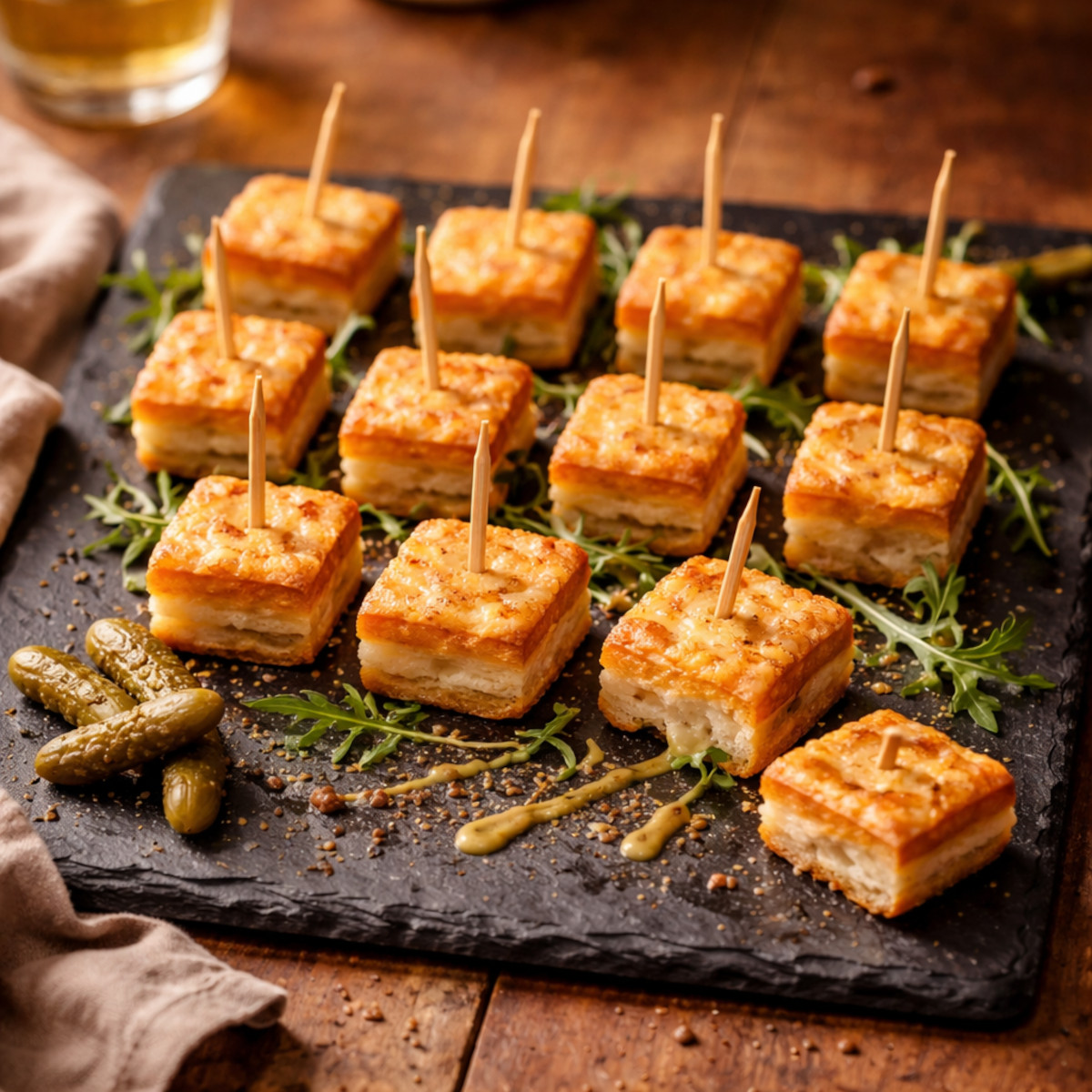 Minis croques-monsieur perdus façon tapas dressés sur ardoise noire avec roquette