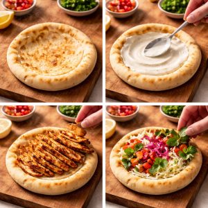 Montage du shawarma poulet maison en 4 étapes — pain pita toasté, sauce blanche à l'ail, lamelles de poulet doré, accompagnements chou-tomates-oignons marinés-herbes fraîches
