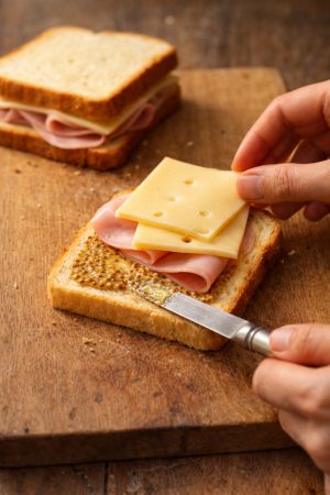 Montage d'un mini croque-monsieur maison sur planche en bois : étalement de