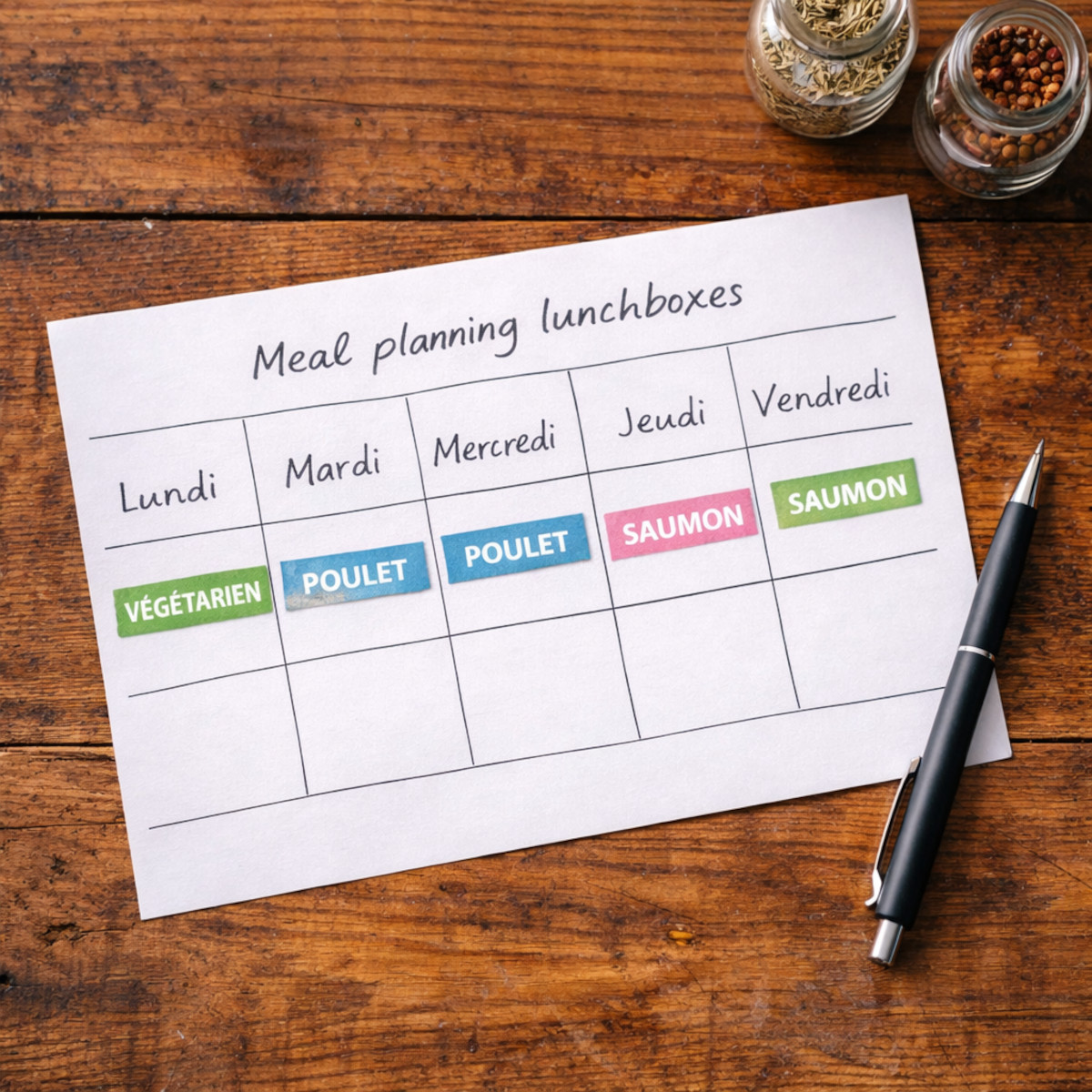 Planning hebdomadaire manuscrit pour organiser ses lunchbox batch cooking