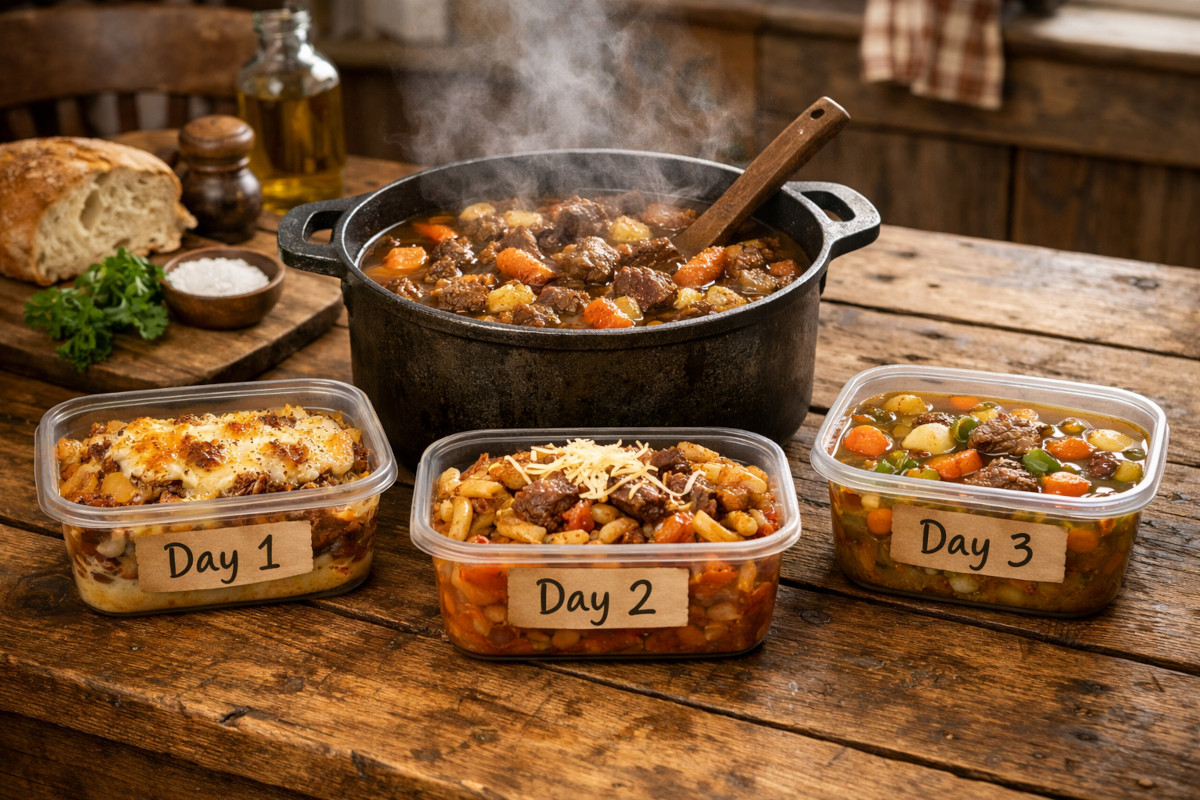 Plat mijoté en cocotte avec trois déclinaisons en containers, ambiance cuisine familiale