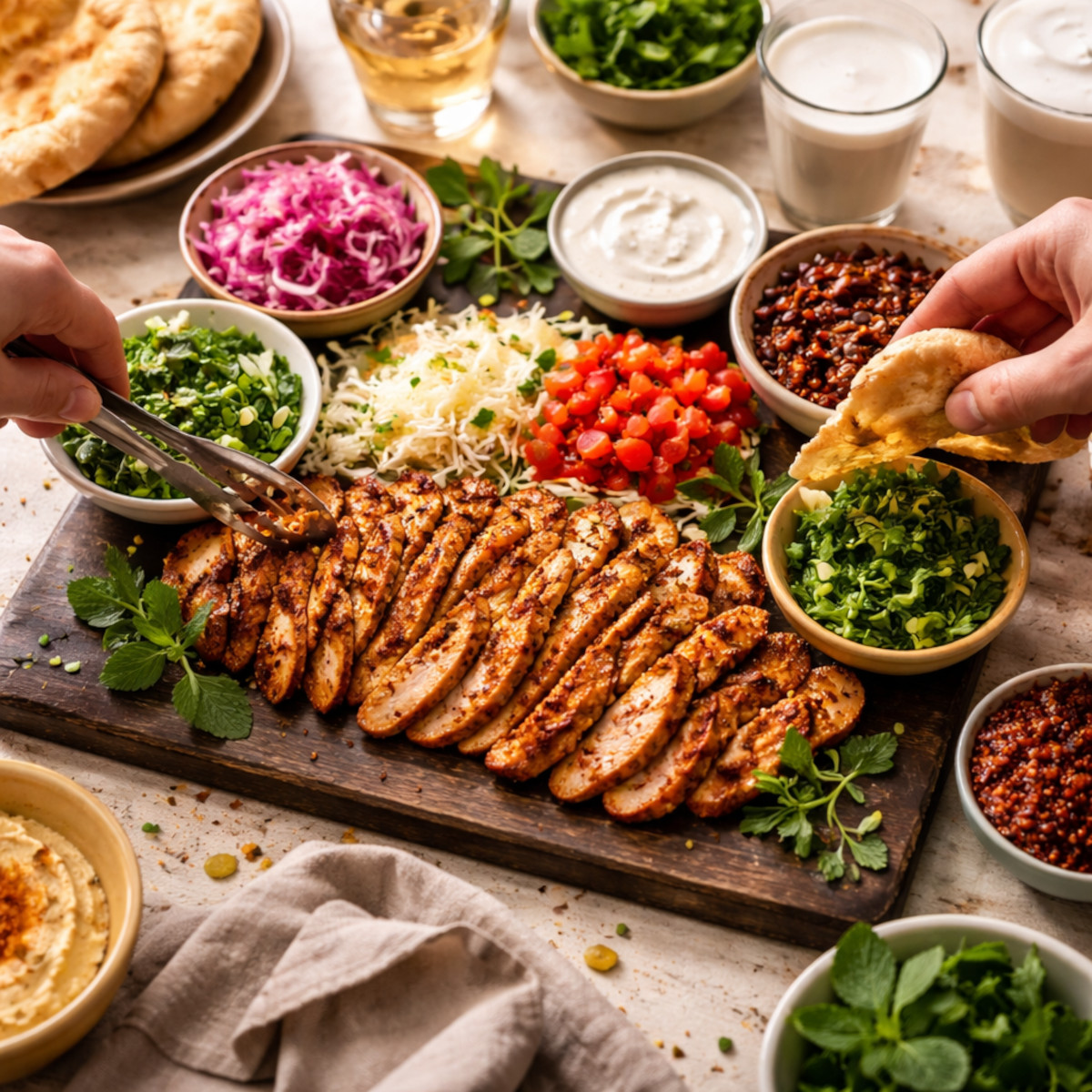 Plateau shawarma poulet à partager en mode mezze — ardoise avec lamelles dorées en éventail, petits bols d'accompagnements colorés, mains qui se servent, ambiance conviviale