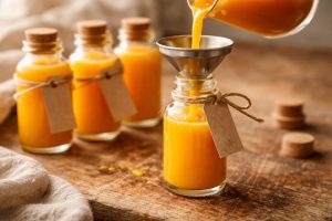 Remplissage de petits flacons en verre avec le shot detox gingembre citron curcuma maison