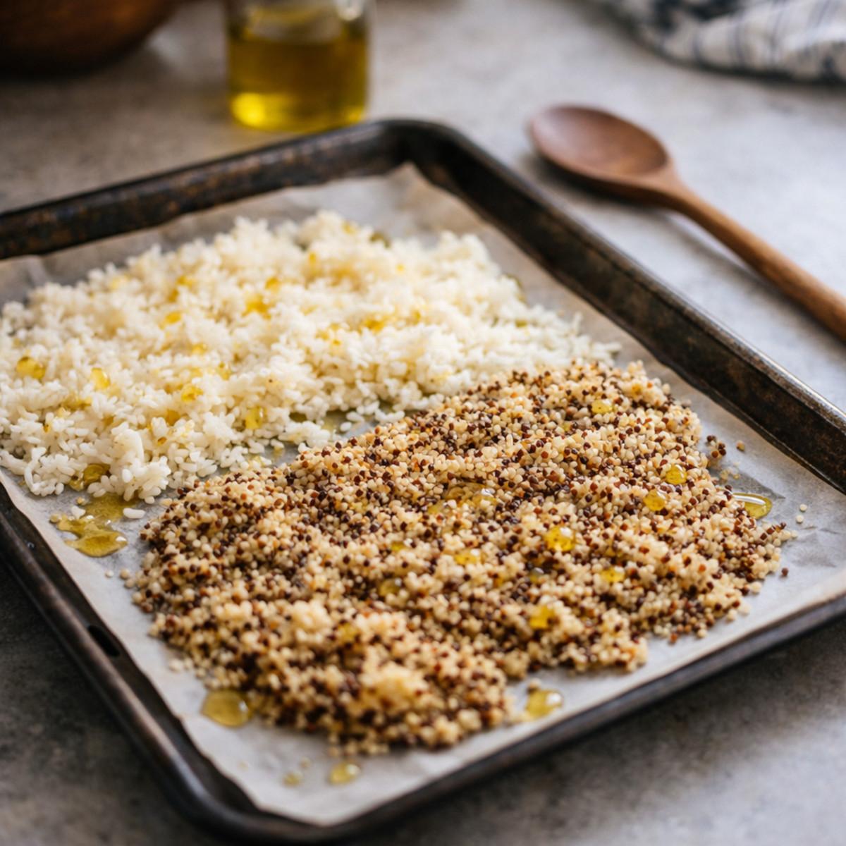 Riz et quinoa cuits refroidissant sur une plaque pour lunchbox