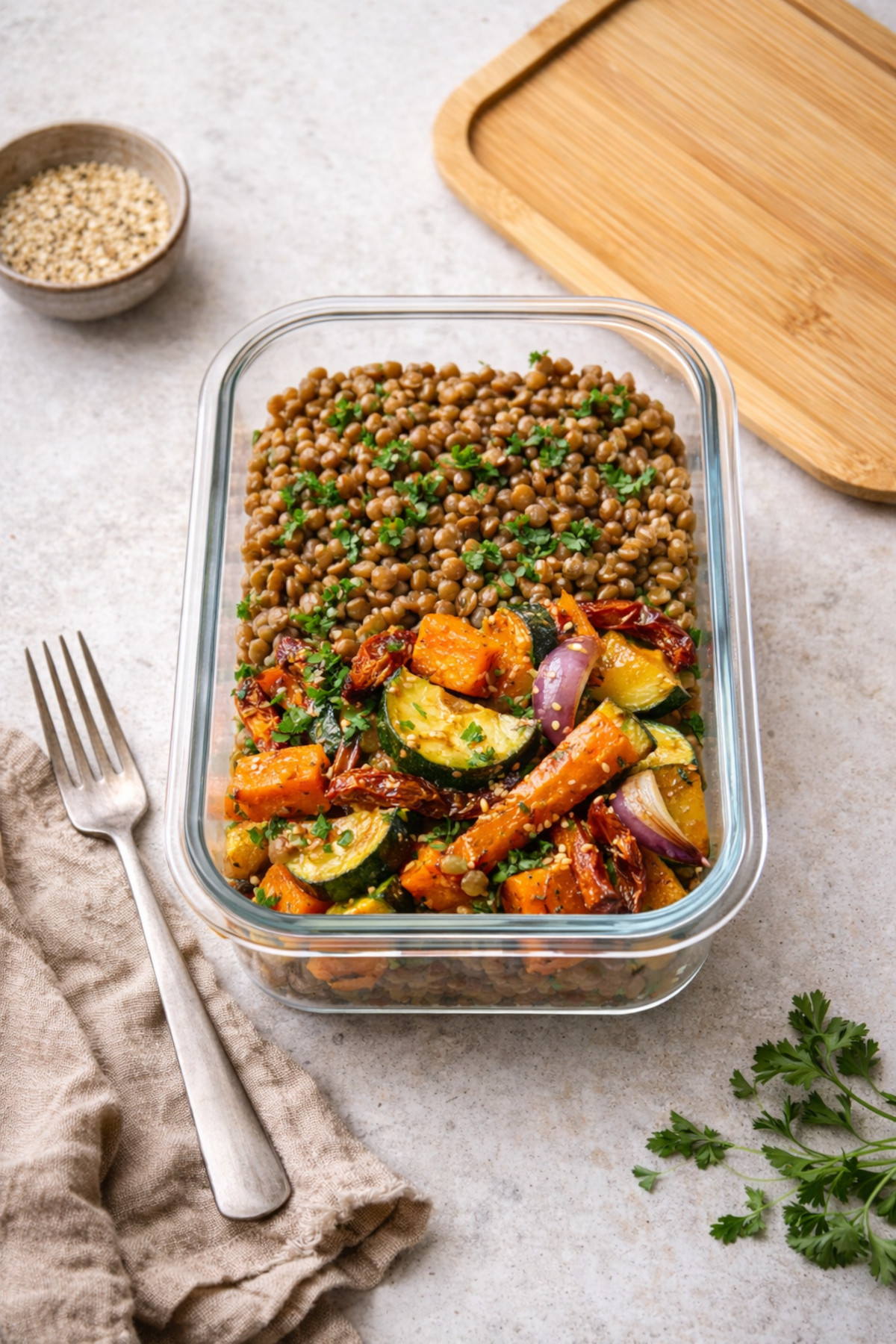 Salade tiède batch cooking dans lunchbox saine