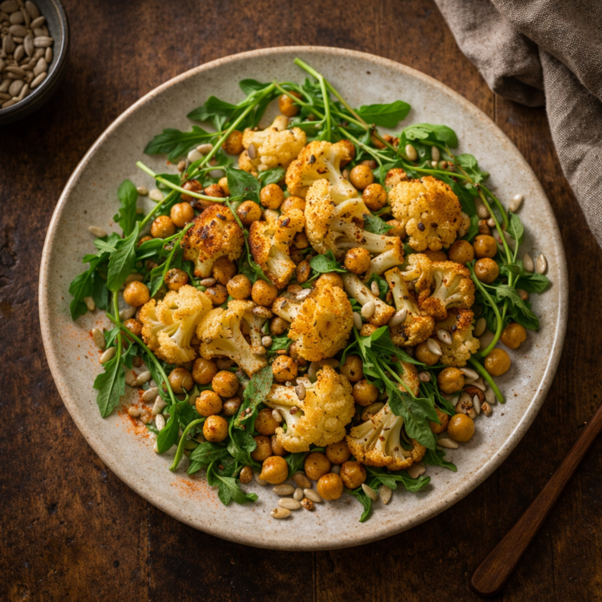 Salade tiède de chou-fleur rôti et pois chiches servie avec roquette