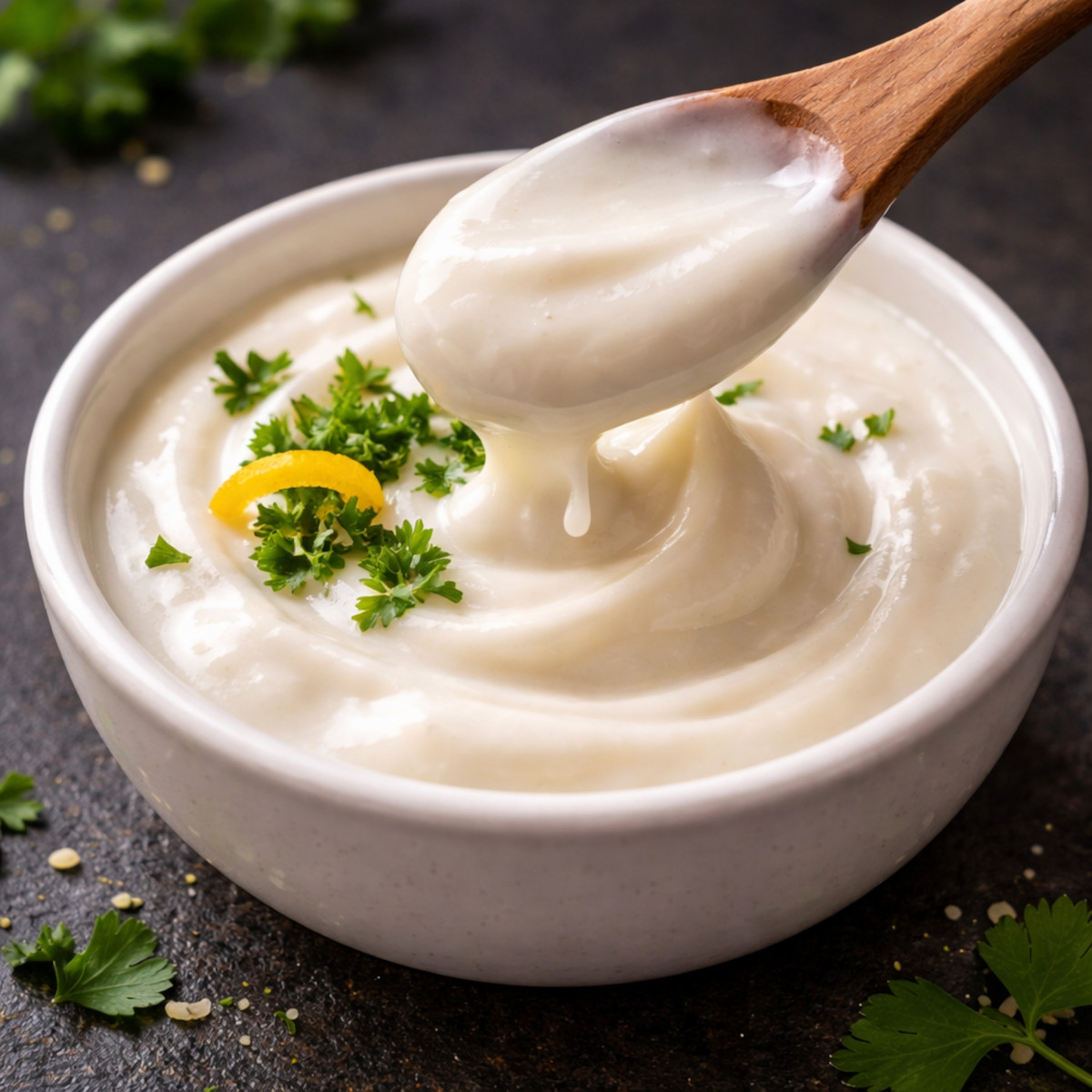 Sauce blanche shawarma maison — toum à l'ail express dans un bol en céramique blanche, texture crémeuse et brillante, persil ciselé et zeste de citron