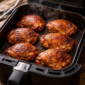 Shawarma poulet à l'air fryer — hauts de cuisse marinés aux épices orientales, croûte dorée et croustillante dans le panier de l'air fryer