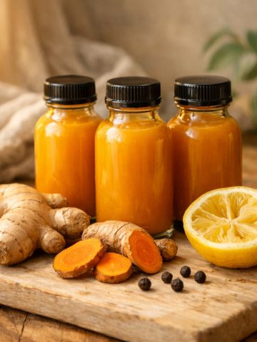 Shot gingembre citron curcuma maison dans trois flacons en verre dorés sur planche en bois