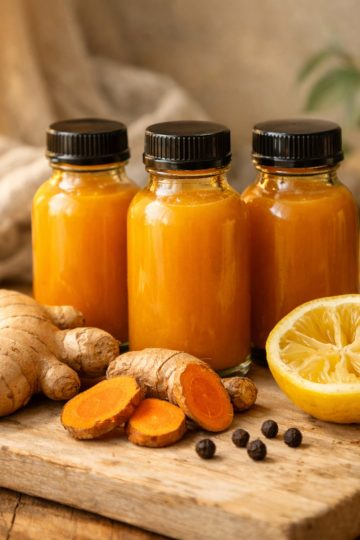 Shot gingembre citron curcuma maison dans trois flacons en verre dorés sur planche en bois