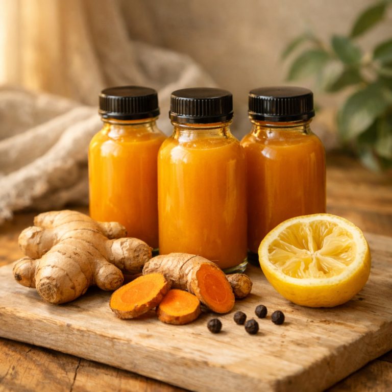 Shot gingembre citron curcuma maison dans trois flacons en verre dorés sur planche en bois