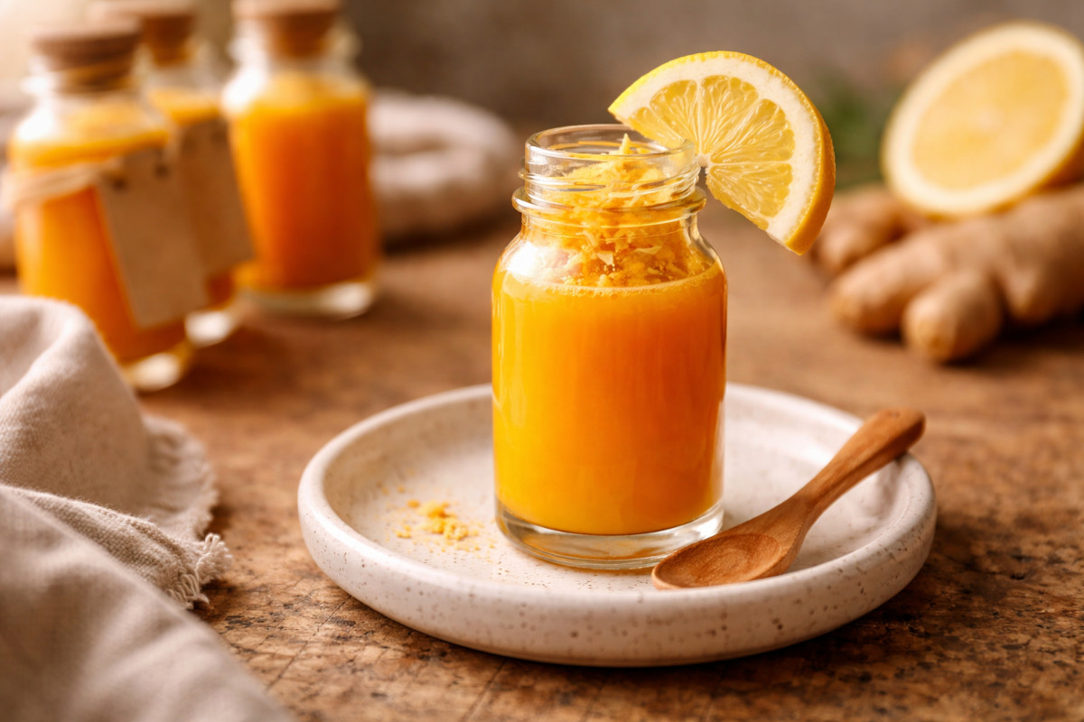 Shot gingembre curcuma citron prêt à boire dans un flacon en verre sur soucoupe en céramique blanche